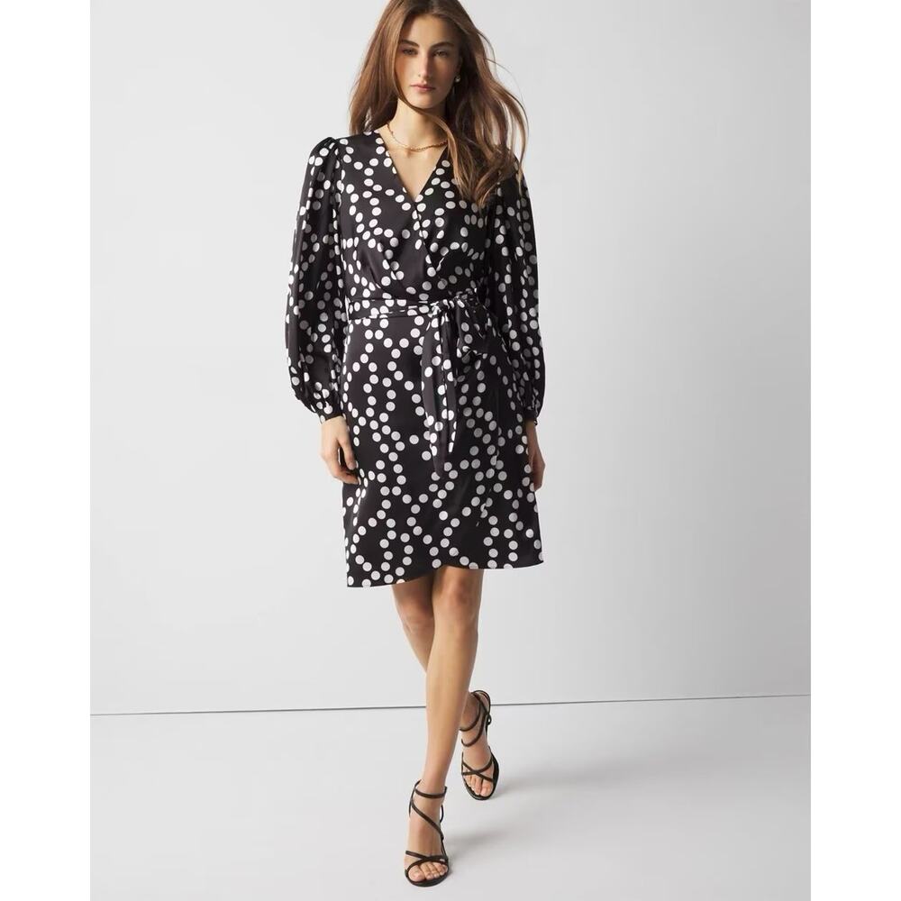 NWT WHBM long Sleeve V Neck Faux Wrap Dress Black Dot 18 Plus New Tags No Belt